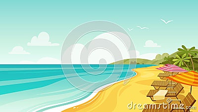 Sea beach and sun loungers. Seascape, vacation banner. Cartoon vector illustration Vector Illustration