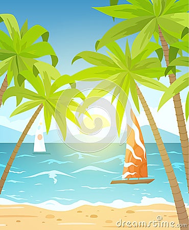 Sea beach and sun loungers. Seascape, vacation banner with sailing ships, palms and clouds. Cartoon vector illustration Vector Illustration