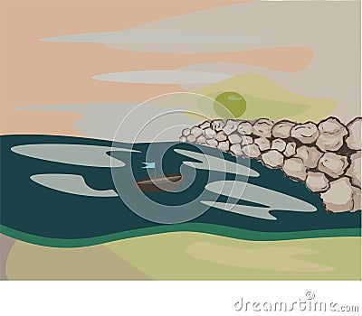 Sea on the beach, sun and rocks Vector Illustration