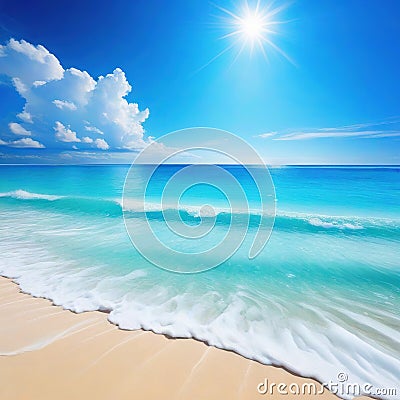 sea beach on a sunny day with crystal clear water small waves and a blue sky summer background Cartoon Illustration