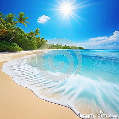 sea beach on a sunny day with crystal clear water small waves and a blue sky summer background Cartoon Illustration