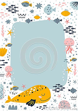 Sea birthday invite. Kids birthday party under the invitation card template. Cute marine life, whale, jellyfish, fish Vector Illustration