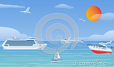 Sea boats and little fishing ships. Sailboats flat vector background illustration.Water transport yacht and ship Vector Illustration