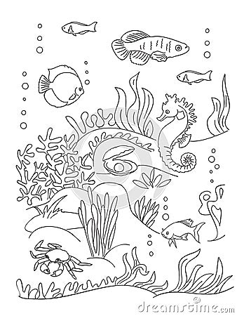 Sea bottom coloring book page. Vector Illustration