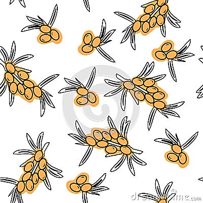 Sea buckthorn hand drawn seamless black and white pattern. Medicinal berry background. Good for cover, wallpaper, textile. Vector Illustration