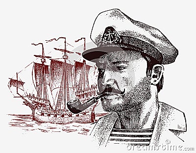 Sea captain against the background of sailboat, marine sailor with pipe, bluejacket. portrait of the seaman. travel by Vector Illustration