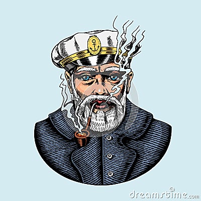 Sea captain, marine old sailor with pipe or bluejacket, seaman with beard or men seafarer. Travel by ship or boat Vector Illustration