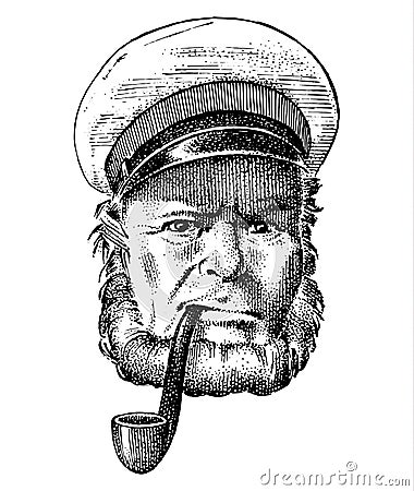 Sea captain, marine old sailor with pipe or bluejacket, seaman with beard or men seafarer. travel by ship or boat Vector Illustration