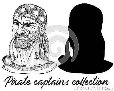 Sea captain, pirate or boatswain and silhouette isolated on white Vector Illustration
