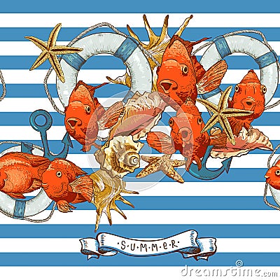 Sea Card with, Anchor, Lifeline and fish Vector Illustration