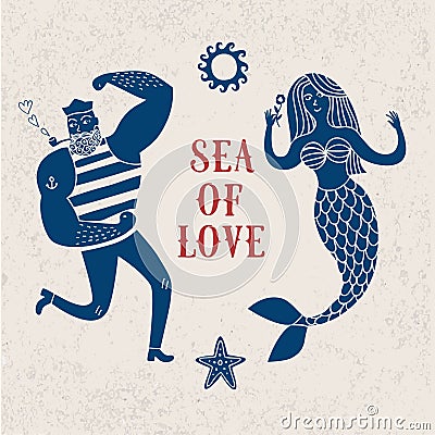 Sea cartoon illustration with sailor and mermaid Cartoon Illustration