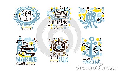 Sea Club Label Original Design with Anchor, Steering Wheel and Lighthouse Vector Set Vector Illustration