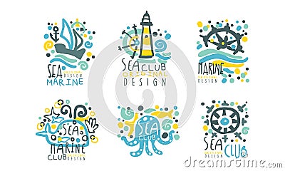 Sea Club Original Logo Design Templates Collection, Marine and Nautical Hand Drawn Labels Vector Illustration Vector Illustration