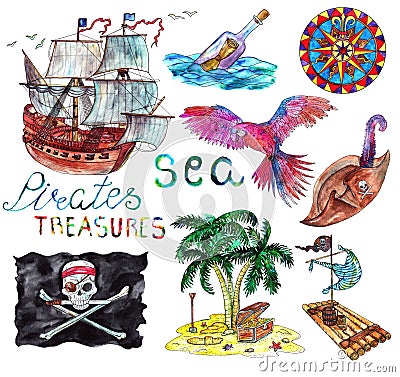 Sea collection with hand drawn marine and pirate elements isolated on white Cartoon Illustration