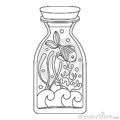 Coloring book page for children. A glass bottle with fish, waves and corals Vector Illustration