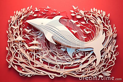 Sea composition in a beautiful paper cut style design. Abstract red background with dolphin, algae and corals. Generative AI Stock Photo