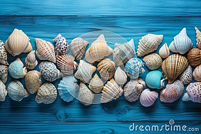 Sea coral shells blue wooden. Generate Ai Stock Photo