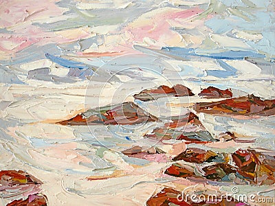 Sea crashing wave white foam rocks oil painting texture closeup. Stock Photo