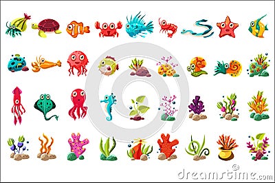 Sea creature big set, colorful cartoon ocean animals, plants and fishes vector Illustrations on a white background Vector Illustration