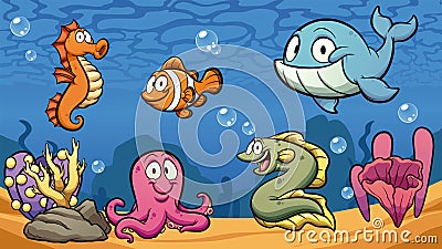 Happy Cartoon sea creatures with background Vector Illustration