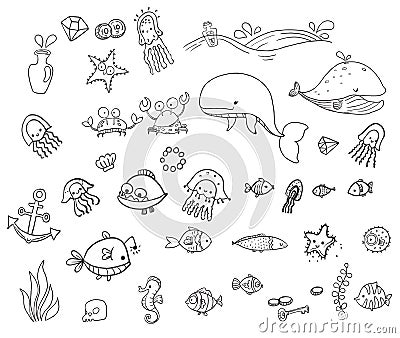 Sea creatures collection, children`s illustration Vector Illustration