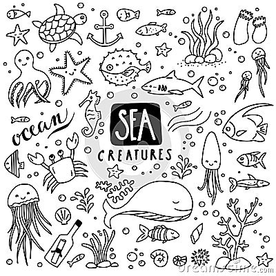 Sea Creatures Doodles Vector Illustration