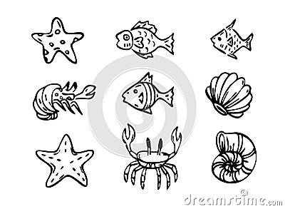 Sea creatures line art, fish, shell crabs, star-fish illustrations Vector Illustration