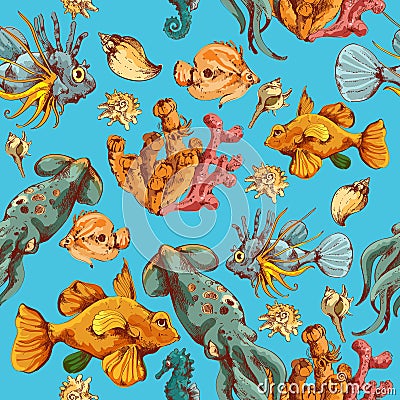 Sea creatures sketch colored seamless pattern Vector Illustration