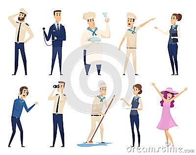 Sea cruise. Sailing captain shipping officer navigating crew ocean travel team vector characters Vector Illustration