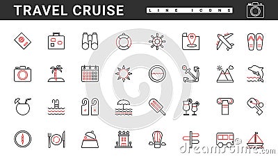 Sea cruise, summer attractions, vacation and travel thin red and black line icons set Vector Illustration