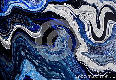 Sea deep inspired abstract marble liquid texture in silver white glitter, indigo, ultramarine and black colors. Cartoon Illustration