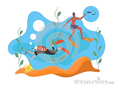 Sea diving. Funny guy and girl engaged scuba diving. Active water recreation. Treasure hunt on seabed. Underwater Vector Illustration