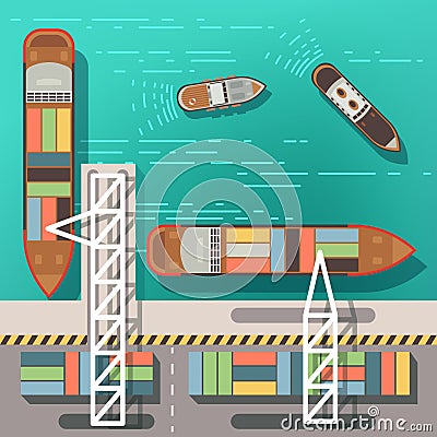 Sea dock or cargo seaport with floating ships and boats. Top view vector illustration Vector Illustration