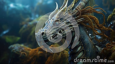 Sea dragon with glowing eyes. Head of Fantasy Monster in blue water. Creature in the ocean. Fairy tale beast. AI Cartoon Illustration