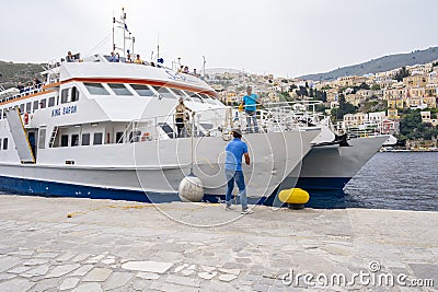 Sea Dreams High Speed Catamaran Arriving in Main Port of Symi, Greece Editorial Stock Photo