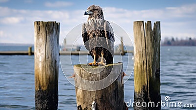 Hyper-realistic Eagle Photography On An Old Pier Stock Photo