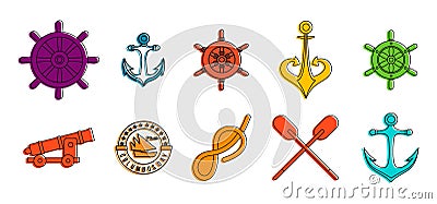 Sea element icon set, color outline style Vector Illustration