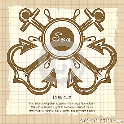 Sea emblem with handwheel and anchors Vector Illustration