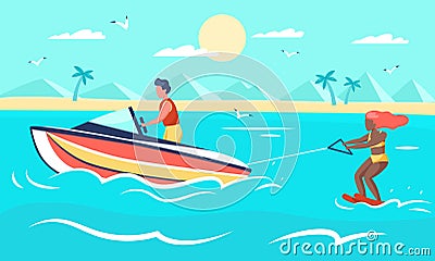 Sea extreme. Summer beach sport, woman on water skis, young man drives motor boat, happy people engaged aqua activities Vector Illustration