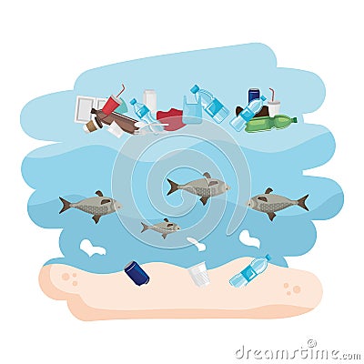 sea fishes animals swiming in sea polluted with garbage Cartoon Illustration