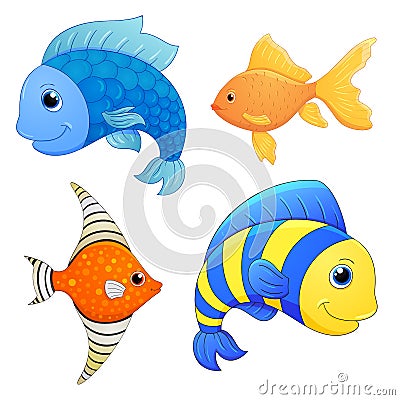 Sea fishes set. Vector fish. Cartoon cute character. Cartoon fish. Hand draw illustration. Fish isolated. Animals set. Cute fish. Vector Illustration