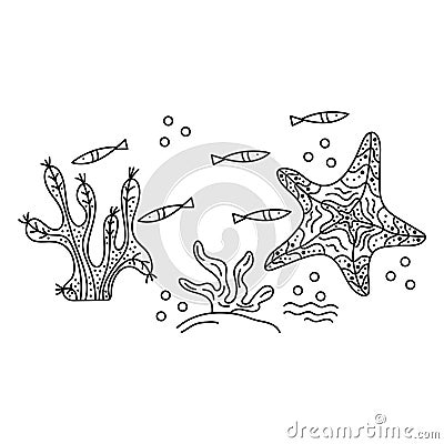 Sea floor, underwater world. Fish, seaweed, starfish on a white background. Hand drawing vector drawing. Outline drawing Vector Illustration