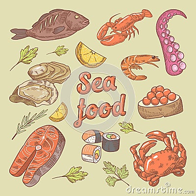 Sea Food Hand Drawn Doodle with Fish, Crab and Oyster Vector Illustration