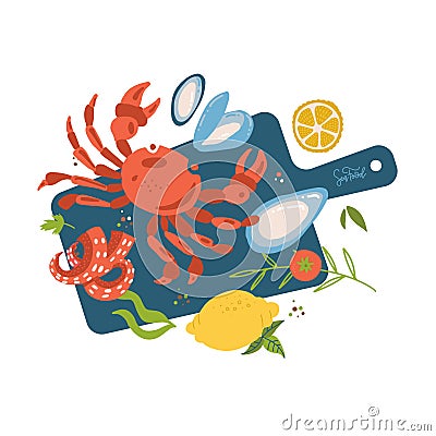 Sea food top view on cutting board. Fish restaurant seafood dishes food cooked from crab meat,oysters, octopus tentacles and lemon Vector Illustration