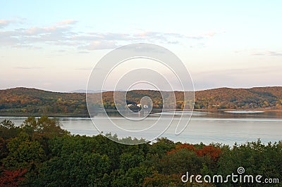 Sea and forest autumn scenery (landscape). Stock Photo