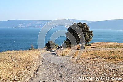 The Sea of Galilee and Church Of The Beatitudes, Israel, Sermon of the Mount of Jesus Stock Photo