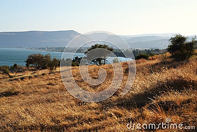 The Sea of Galilee and Church Of The Beatitudes, Israel, Sermon of the Mount of Jesus Stock Photo