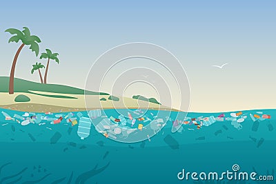 Sea garbage in polluted water. Dirty ocean beach with trash and plastic on sand and under water surface vector Vector Illustration