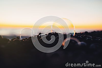 Sea gravel shore or beach with soap bubbles at sunset , tinted photo Stock Photo