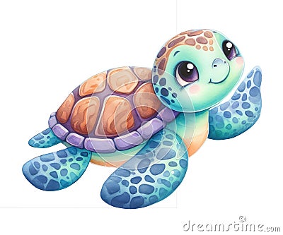 Sea green turtle on a transparent background. Children's illustration. Watercolor Stock Photo